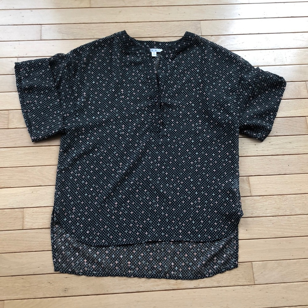 Cabi Black with white and pink polka dot top